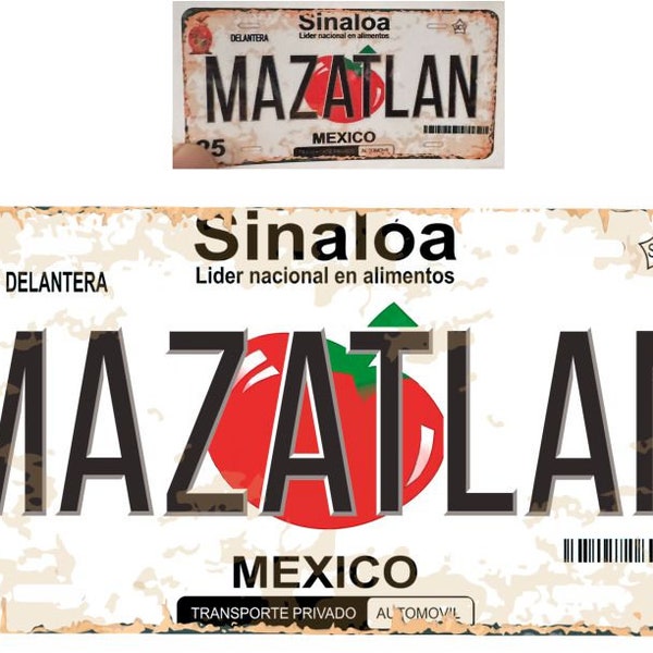 Set Mazatlan Sinaloa Mexico Aluminum License Plate Sign Placa 6" x 12" and Sticker Decal 2"x 4" Distressed Weathered Look
