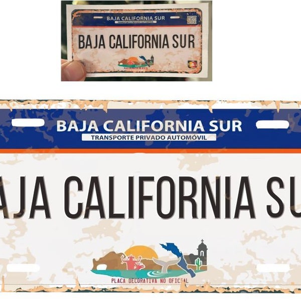 Set Baja California Sur Mexico Aluminum License Plate Sign Placa 6" x 12" and Sticker Decal 2"x 4" Distressed Weathered Look