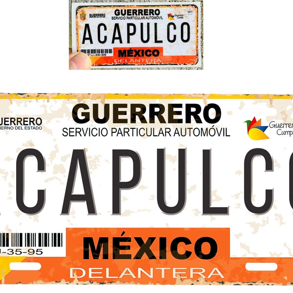 Set Acapulco Guerrero Mexico Aluminum License Plate Sign Placa 6" x 12" and Sticker Decal 2"x 4" Distressed Weathered Look
