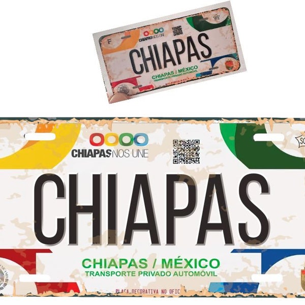 Set Chiapas Mexico Aluminum License Plate Sign Placa 6" x 12" and Sticker Decal 2"x 4" Distressed Weathered Look