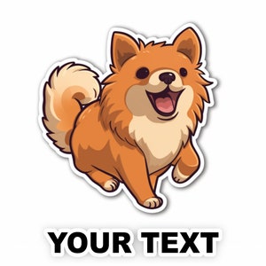 Może przedstawiać: Kreskówkowa ilustracja szczęśliwego pomarańczowego i białego psa z puszystym ogonem. Pies stoi na czterech łapach i ma otwartą paszczę w uśmiechu. Tekst "YOUR TEXT" znajduje się pod psem.