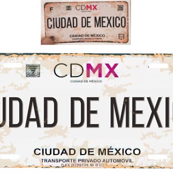 Set Ciudad de Mexico Aluminum License Plate Sign Placa 6" x 12" and Sticker Decal 2"x 4" Distressed Weathered Look