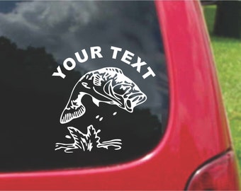 Set (2 Pieces) Fishing Bass Sticker Decals with custom text 20 Colors To Choose From.  U.S.A Free Shipping