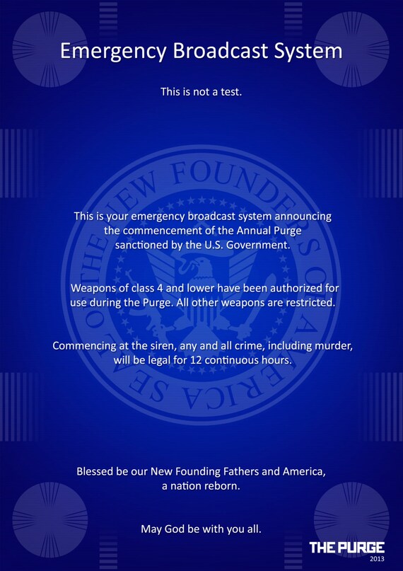 Items similar to The Purge Emergency Broadcast Poster A3 DOWNLOADABLE