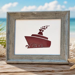 May include: A rectangular gray weathered wood frame containing a white print of a dark red cruise ship. The ship features stylized waves at the base and a trail of small dark red mouse-ear shaped icons rising from the smokestack into the air.