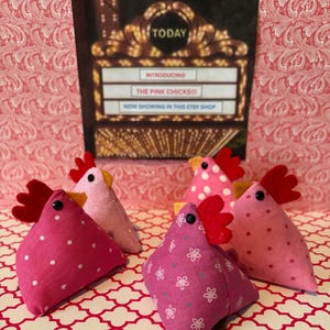 May include: Five handmade fabric chicken figurines in shades of pink, with red comb and yellow beak details. The chickens are decorated with white polka dots and floral patterns. A sign in the background reads "Introducing The Pink Chicks!!!".