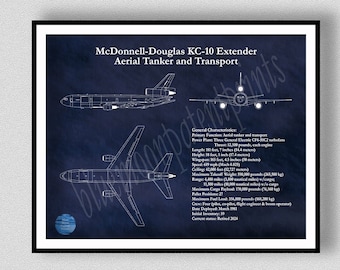 Boeing KC-10 Extender Aerial Tanker Drawing, McDonnell Douglas KC-10 Tanker and Transport Blueprint, US Air Force Military Airplane