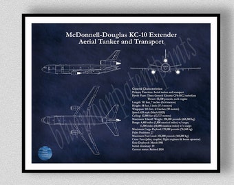 Boeing KC-10 Extender Aerial Tanker Drawing, McDonnell Douglas KC-10 Tanker and Transport Blueprint, US Air Force Military Airplane