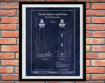 1872 Bodie Island Lighthouse Drawing, Body Island Lighthouse Blueprint, Bodie Island Lighthouse Print, Nautical Decor,Outer Banks Lighthouse