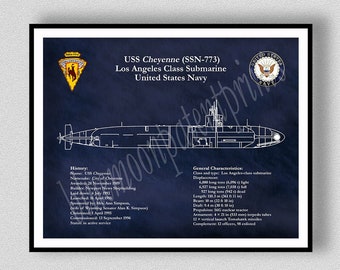 USS Cheyenne SSN-773 Submarine Giclee Print, Los Angeles Class Submarine Drawing, Uss Bremerton Ssn-773 Poster, Submarine Décor