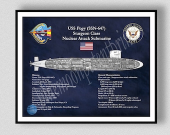 USS Pogy SSN-647 Submarine Drawing, Sturgeon Class Submarine Poster, USS Pogy Submarine Wall Art, Sturgeon Submarine Art Print