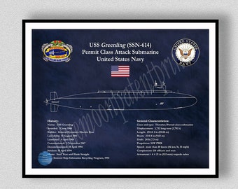 USS Greenling SSN-614 Drawing, Permit Class Sub Blueprint, Uss Greenling SSN-614 Sub Poster, Thresher Class Submarine Print, Navy Submarine