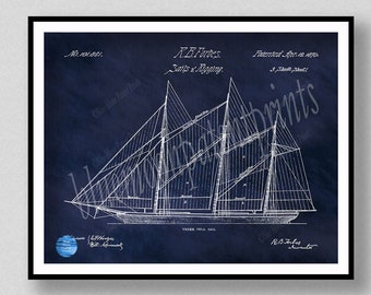 1870 Sailboat Sails and Rigging Patent Print, Antique Sailboat Poster, Nautical Wall Art, Marina Wall Art, Beach Beach House Decor
