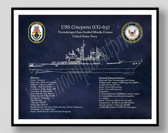 USS Cowpens CG-63 Blueprint, Ticonderoga Class Guided Missile Cruiser Drawing, USS Cowpens CG63 Drawing, American Combat Ship Poster