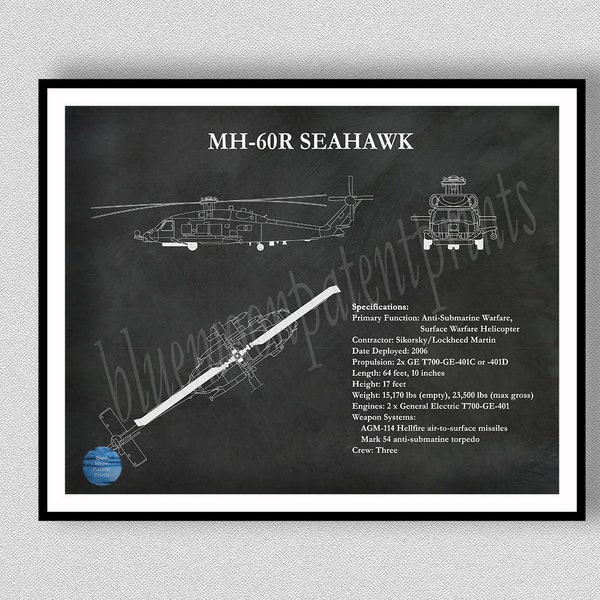 MH-60R Seahawk Helicopter Art Print Vers #2, Sikorsky MH-60R Sea Hawk Blueprint Chopper Pilot Gift Sikorsky MH-60R Drawing, Helicopter Décor