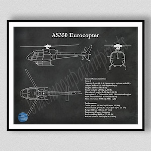 AS350 Eurocopter Art Print, AS350 Helicopter Blueprint, Helicopter Pilot Gift, Helicopter Décor, AS350 Drawing, Airbus Helicopter