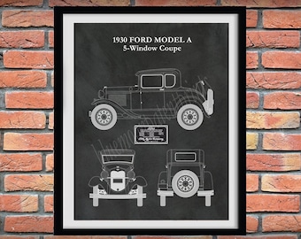 Model A Ford Coupe Poster, 1930 Model A Blueprint, 1930 Ford Model A 5 Window Coupe Drawing, Ford Model A Car Poster, Ford Model A Wall Art