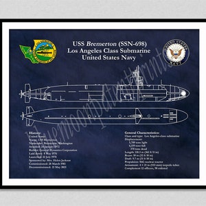 USS Bremerton SSN-698 Submarine Blueprint, Los Angeles Class Submarine Drawing, Uss Bremerton Ssn-698 Poster, Submarine Decor