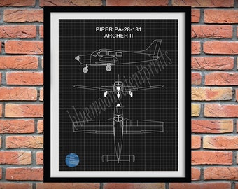 Piper PA-28-181 Drawing, Piper PA-28-181 Archer II Poster, Piper Cub Airplane Blueprint, Aviation Décor, Pilot School Décor