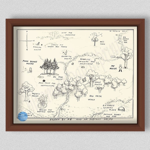 100 Acre Wood Map, Winnie the Pooh Art Print, 100 Acre Wood Drawing, E.H. Shepard Map of Hundred Acre Wood, Nursery Décor, Christopher Robin