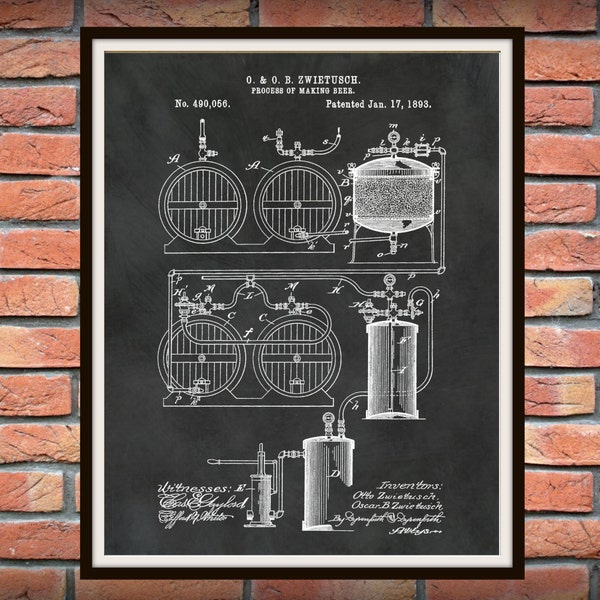 1893 Beer Brewing System Patent Print,  Beer Brewing Poster, Sports Bar Décor, Craft Beer Brewery Décor, Beer Making Process Drawing