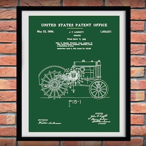 Patent na traktor John Deere z 1931 r., wydruk artystyczny z traktorem John Deere z 1931 r., plakat John Deere, patent na sprzęt rolniczy, wystrój domu wiejskiego