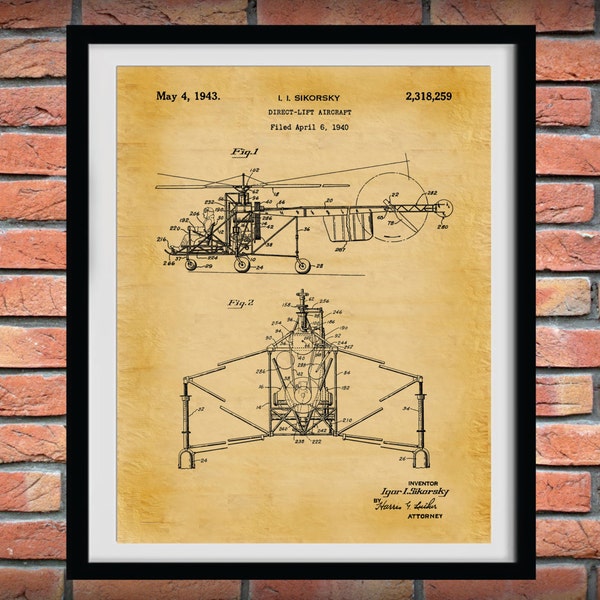 Patent 1943 Sikorsky Helocopter - Art Print - Wall Art - Poster - Aeronautic - Aviation - Airport Art - Direct Airlift Aircraft - Chopper