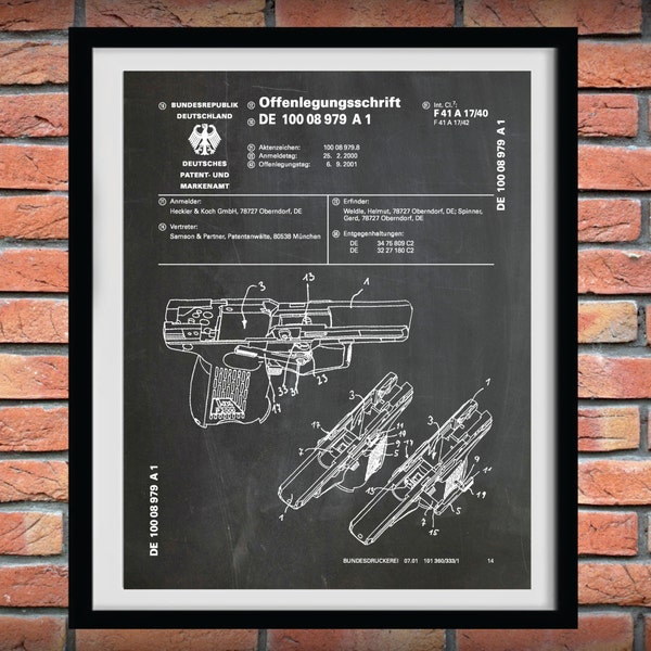 2001 H&K P2000 Pistol Patent Print - German Gun Patent Print - Heckler and Koch GmbH Gun Poster - NRA Decor - Semi-Automatic Handgun