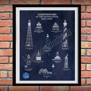 US Lighthouses of the East Coast, Lighthouse Poster, Lighthouse Collector Decor, Minots Ledge Lighthouse, Cape Hatteras Lighthouse Wall Art