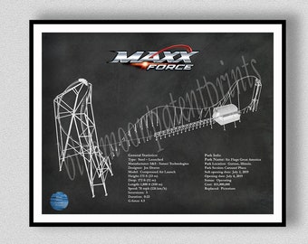 Maxx Force Roller Coaster Poster, Maxx Force Coaster Blueprint, Roller Coaster Schematic, Maxx Force Drawing, Roller Coaster Geek Gift Idea