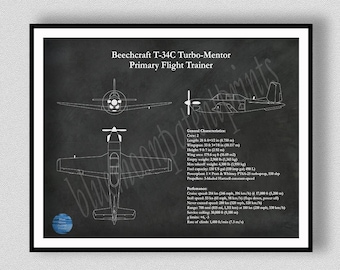 Beechcraft T-34C Turbo-Mentor Blueprint, T-34C Military Training Airplane, Naval Air Training Aircraft, Military Pilot Gift, T-34 Poster