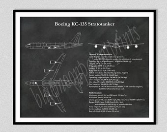 Boeing KC-135 Stratotanker Drawing Vers #2, KC135 Stratotanker Blueprint, Aerial Refueling & Transport Aircraft Poster, US Military Airplane