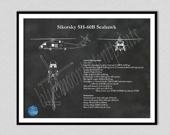 Sikorsky SH-60B Seahawk Drawing, SH-60 Seahawk Helicopter Blueprint, SH-60B Seahawk Schematic, Navy Chopper Gift,