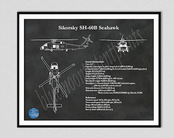 Sikorsky SH-60B Seahawk Drawing, SH-60 Seahawk Helicopter Blueprint, SH-60B Seahawk Schematic, Navy Chopper Gift,