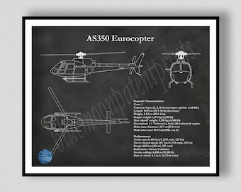 AS350 Eurocopter Art Print, AS350 Helicopter Blueprint, Helicopter Pilot Gift, Helicopter Décor, AS350 Drawing, Airbus Helicopter