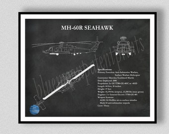 MH-60R Seahawk Helicopter Art Print Vers #2, Sikorsky MH-60R Sea Hawk Blueprint Chopper Pilot Gift Sikorsky MH-60R Drawing, Helicopter Décor