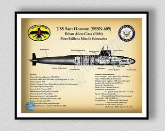 USS Sam Houston SSBN-609 Submarine Art Print, Ethan Allen Class FBM Poster, Uss Sam Houston Fleet Ballistic Missile Submarine Blueprint