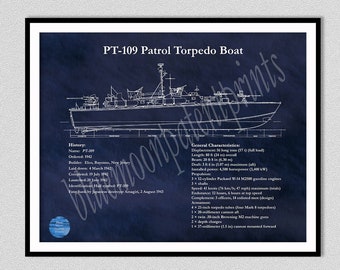 PT-109 Patrol Torpedo Boat Art Print, PT-109 Boat Drawing, US Navy Art Print, J.F. Kennedy Pt-109 boat Wall Art