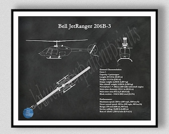 Bell 206B3 JetRanger Art Print, Bell Helicopter 206B Drawing, 206B3 Jet Ranger Helicopter Poster, Bell JetRanger Wall Art