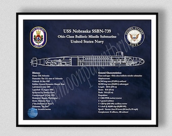 USS Nebraska SSBN-739 Ohio Class Submarine Wall Art, USS Nebraska Submarine Poster, Ohio Class Ballistic Missile Submarine Art Print