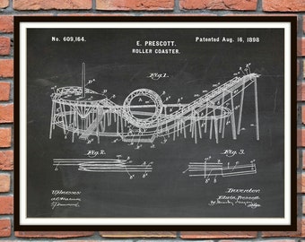 1898 Roller Coaster Patent Print - Rollercoaster Blueprint - Thrill Rider Gift Idea - Roller Coaster Junkie Poster, Roller Coaster Invention
