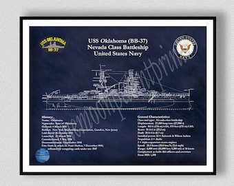 USS Oklahoma BB-37 Battleship Drawing, Nevada-Class Ship Drawing, Uss Oklahoma bb-37 Blueprint, US Navy Art Print, Pearl Harbor Art Print