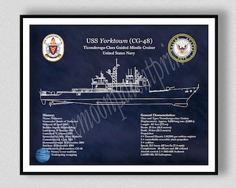 USS Yorktown CG-48 Art Print, Ticonderoga Class Ship Drawing, Uss Yorktown Cg-48 ship Blueprint, US Navy Ship Wall Art Print