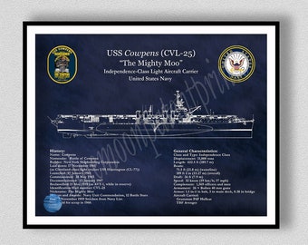 USS Cowpens CVL-25 Blueprint, Independence Class Aircraft Carrier Drawing, USS Cowpens CVL25 Drawing, The Mighty Moo CVL25 Wall Art