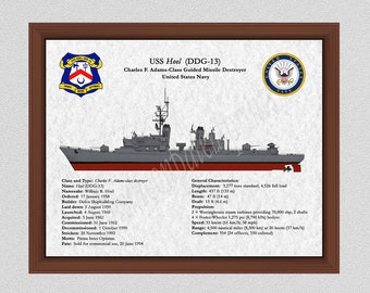 USS Hoel DDG-13 Destroyer Drawing, Charles F. Adams-Class Ship Drawing, Uss Hoel Guided Missile Destroyer Blueprint, US Navy Art Print