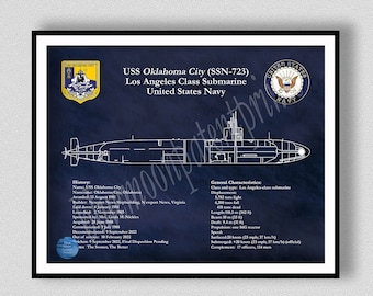 USS Oklahoma City SSN-723 Submarine Blueprint, Los Angeles Class Sub Drawing, Uss Oklahoma City Ssn-723 Wall Art, US Navy Wall Art Print
