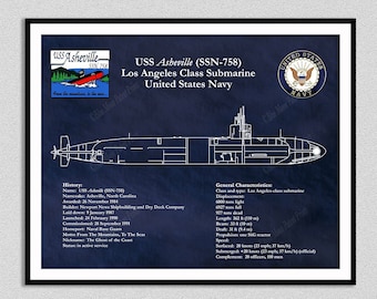 USS Asheville SSN-758 Submarine Blueprint, Los Angeles Class Submarine Drawing, Uss Asheville Ssn-758 Drawing, US Navy Wall Art Print