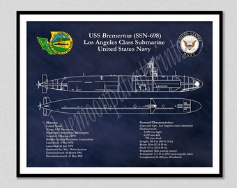 USS Bremerton SSN-698 Submarine Blueprint, Los Angeles Class Submarine Drawing, Uss Bremerton Ssn-698 Poster, Submarine Decor