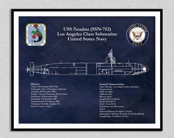 USS Pasadena SSN-752 Submarine Blueprint, Los Angeles Class Submarine Drawing, Uss Pasadena Ssn-752 Drawing, US Navy Wall Art Print