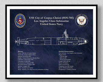 USS City of Corpus Christi SSN-705 Submarine Blueprint, Los Angeles Class Sub Poster, Uss City of Corpus Christi Drawing, US Sub Print